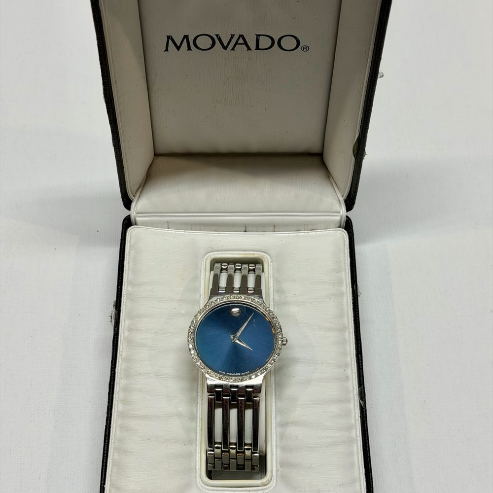 Movado Silver Watch with Blue Dial and Crystal Diamond Bezel